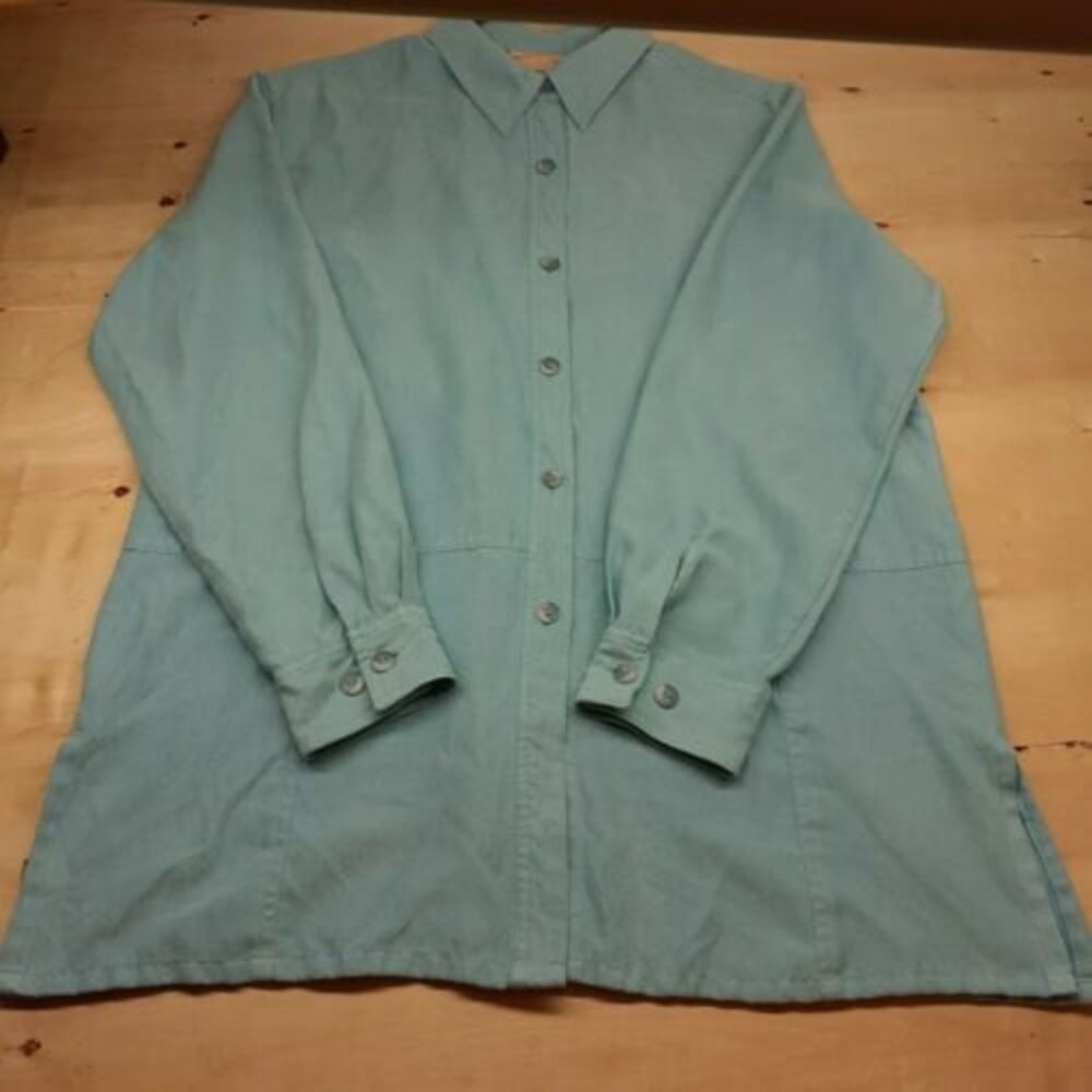 Vintage Cotton Ginny Womens L Blue Teal Faux Suede Button Front Shirt Blouse